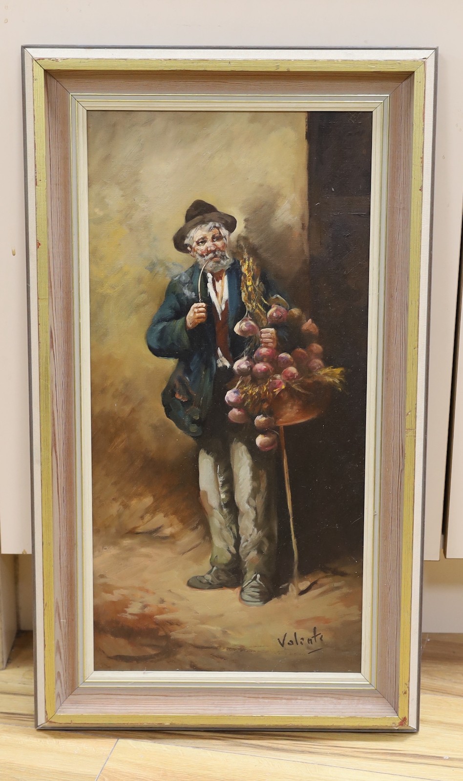 Valente (Italian School), oil on canvas, 'Onion Seller', signed, 59 x 29cm